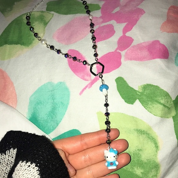 FAIRYCORE BLUE MUSHROOM HELLO KITTY WHIMSIGOTH ROSARY NECKLACE - Picture 1 of 5